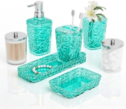 Bathroom Accessories Set, 7 Pcs Teal Bathroom Set, Acrylic Soap Dispenser and Toothbrush Holder Set, Qtip Holder Set, Bathroom Sink Set, Gift for Home Apartment