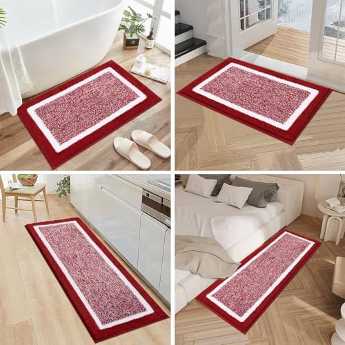 Pauwer Bathroom Rug Sets 3 Piece, Non Slip Washable Bath Mat, Red