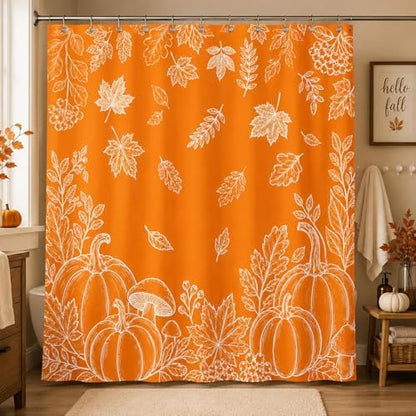 Fall Shower Curtain, Orange Pumpkin Maple Leaves Botanical Line Art Bathroom Curtain, Autumn Harvest Farmhouse Waterproof Polyester Fabric Shower Curtain with Hooks, 72x72 Inch