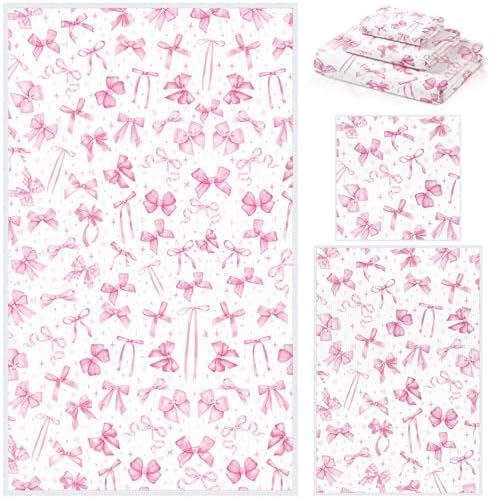 Moukeren Set of 3 Pink Bow Bath Towels, Decorative Towels for Bathroom
