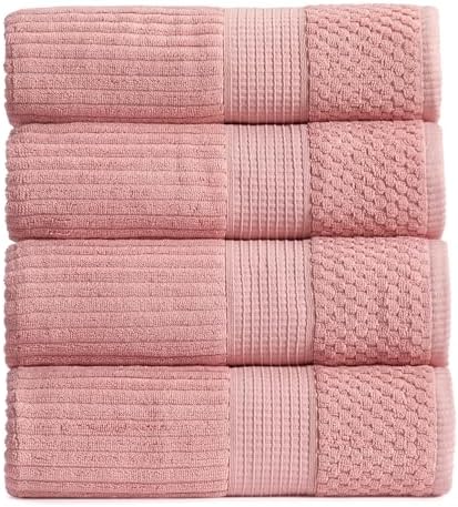 Springtree Home 100% Cotton Bath Towel Set | 4-Pack | Textured | Rose