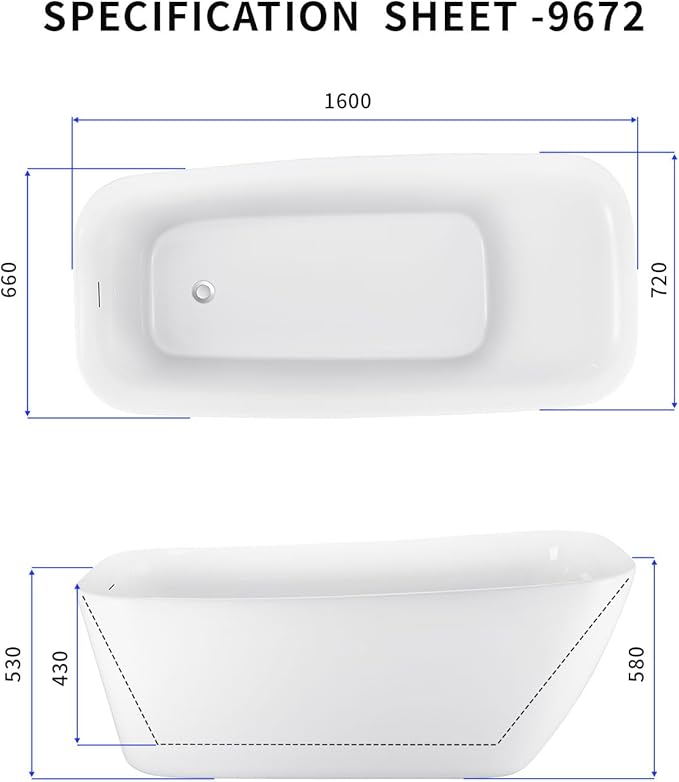 Acrylic Freestanding Bathtub, Single Slipper Free Standing Tub, Soaking Tub with Integrated Slotted Overflow, Toe-Tap Chrome Drain, cUPC Certified, Glossy White