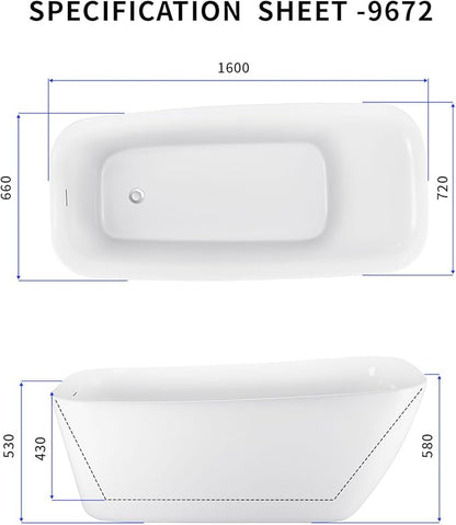 Acrylic Freestanding Bathtub, Single Slipper Free Standing Tub, Soaking Tub with Integrated Slotted Overflow, Toe-Tap Chrome Drain, cUPC Certified, Glossy White