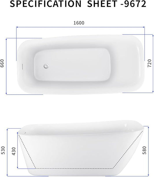 Acrylic Freestanding Bathtub, Single Slipper Free Standing Tub, Soaking Tub with Integrated Slotted Overflow, Toe-Tap Chrome Drain, cUPC Certified, Glossy White