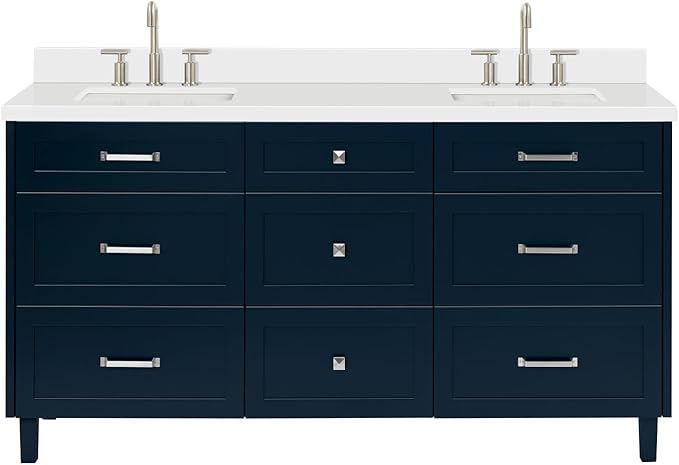 ARIEL Monroe 66-inch Bathroom Vanity with Sink,Solid Wood, 1.5-inch Pure White Quartz Countertop & Backsplash, Double Oval Porcelain Sink, 9 Dovetail Drawers, Brushed Nickel, Midnight Blue