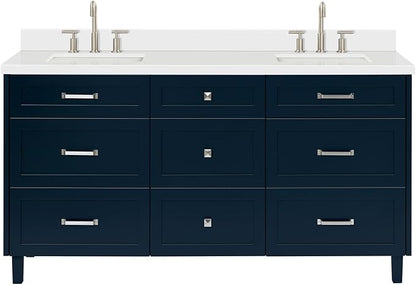 ARIEL Monroe 66-inch Bathroom Vanity with Sink,Solid Wood, 1.5-inch Pure White Quartz Countertop & Backsplash, Double Oval Porcelain Sink, 9 Dovetail Drawers, Brushed Nickel, Midnight Blue
