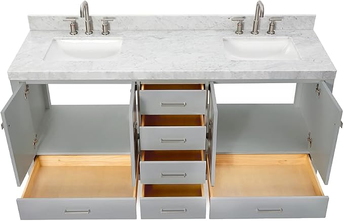 ARIEL Cambridge 72-inch Bathroom Vanity with Sink,Solid Wood, 2-inch Italian Carrara Marble Countertop, Double Rectangular Porcelain Sink, 4 Soft Closing Doors, 6 Dovetail Drawers, Grey