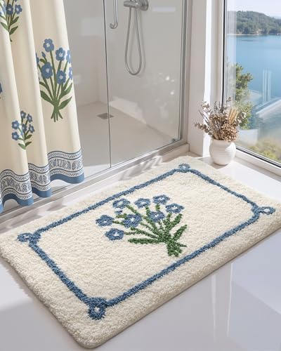 DEXI Floral Bathroom Rugs 43x24, Vintage Blue Bouquet Bath Mat Non Slip