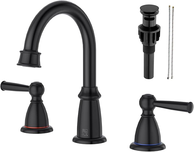 Matte Black Bathroom Faucet 3 Hole, 8-Inch Widespread Bathroom Faucet for Sink 2 Handles Vanity Restroom Faucet with Pop-Up Drain and Supply Hoses, Black