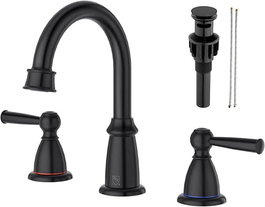 Matte Black Bathroom Faucet 3 Hole, 8-Inch Widespread Bathroom Faucet for Sink 2 Handles Vanity Restroom Faucet with Pop-Up Drain and Supply Hoses, Black