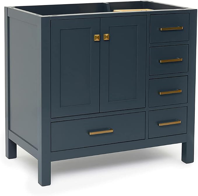 ARIEL Cambridge 36-inch Bathroom Vanity Base Cabinet,Solid Wood, 2 Soft Closing Doors, 5 Dovetail Drawers, Midnight Blue