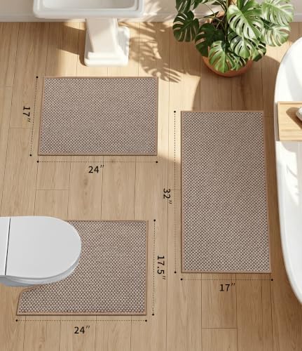 YIHOUSE Khaki Bathroom Rugs Sets 3 Pieces,Thin Bath Mat Quick Dry