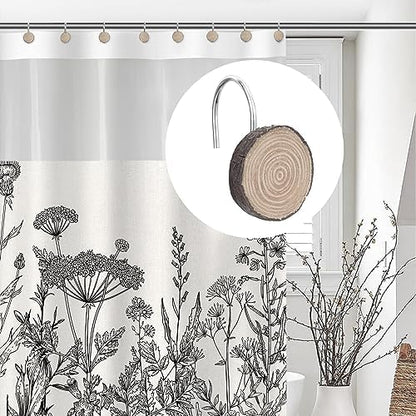 Sunlit Farmhouse Wooden Slices Shower Curtain Hooks, Rustic Home Decorative Shower Curtain Rings for Bathroom, Resin Shower Curtain Hangers Bathroom Accessories, Set of 12
