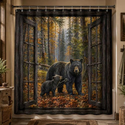 Rustic Bear Shower Curtain, Cabin Forest Window Scene 72x72 inch