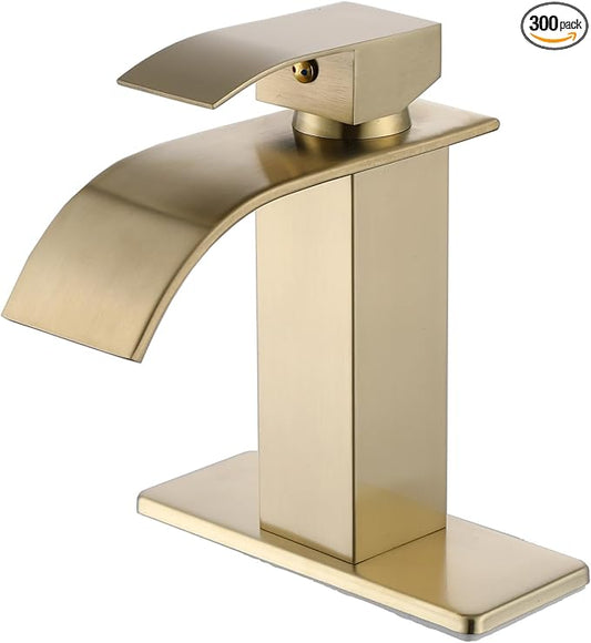 Wicbim Brushed Gold Bathroom Faucet,Modern Waterfall Black Bathroom Faucet,Single Handle Suitable for 1 or 3 Holes,Supply Deck Plate and Hose