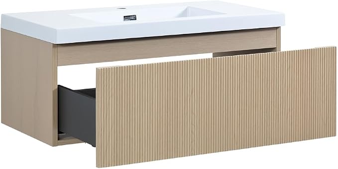 36 Inch Floating Bathroom Vanity with Sink, Wall-Mounted Striped Storage Cabinet with Soft-Close Drawer, Glossy White Solid Surface Basin, Fully Assembled, Natural Oak Finish