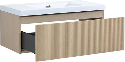 36 Inch Floating Bathroom Vanity with Sink, Wall-Mounted Striped Storage Cabinet with Soft-Close Drawer, Glossy White Solid Surface Basin, Fully Assembled, Natural Oak Finish
