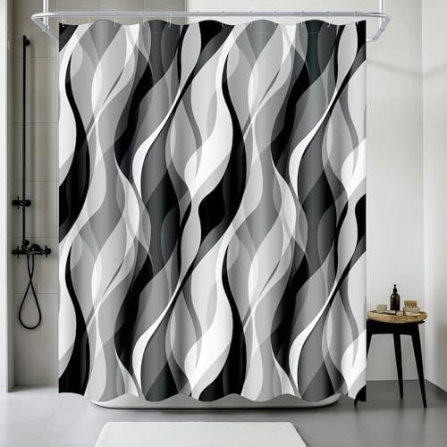 White and Grey Shower Curtain for Bathroom White and Black Shower Curtain Fabric Modern Abstract Striped Minimalist Bath Curtains Waterproof Shower Curtains Set, Black Gray White, 72 x 72 Inch