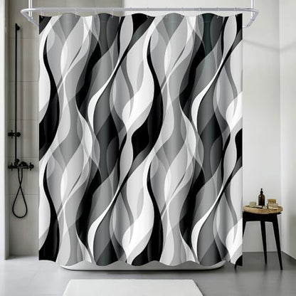 White and Grey Shower Curtain for Bathroom White and Black Shower Curtain Fabric Modern Abstract Striped Minimalist Bath Curtains Waterproof Shower Curtains Set, Black Gray White, 72 x 72 Inch