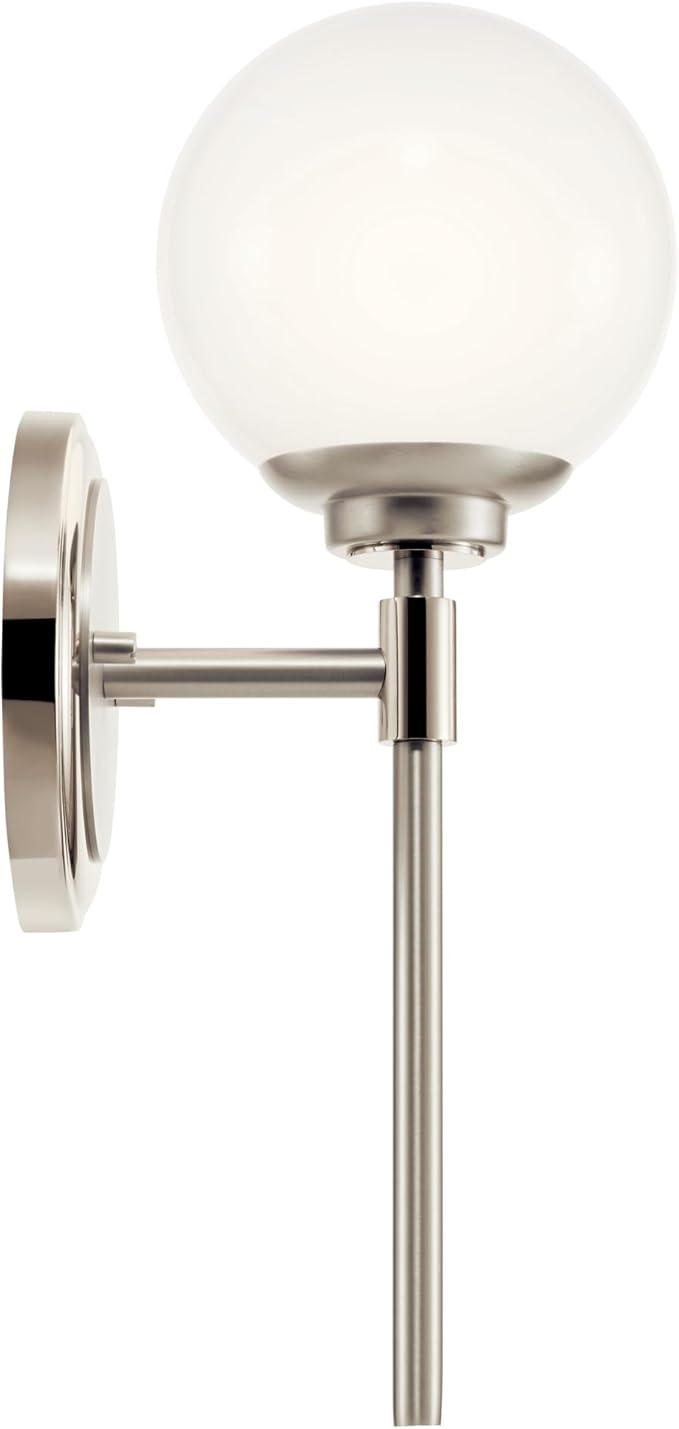 Kichler Benno 1-Light Wall Sconce, Modern Light with Opal Glass in Polished Nickel and Brushed Nickel, for Bathroom, Powder Room, Kitchen, Bedroom, or Hallway (13.75" x 5.25"), 55170PN