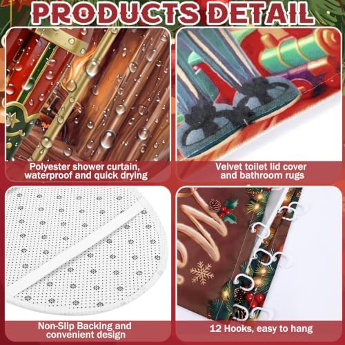 FuWeave 8 Pcs Christmas Shower Curtain Set for Bathroom Decor Include Vintage Nutcracker Xmas Tree Towels Christmas Non Slip Wreath Gift Rugs Toilet Lid Cover Poinsettia Bath Mat and 12 Hooks