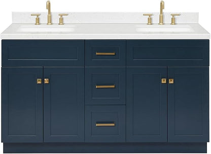 ARIEL Hamlet 60-inch Bathroom Vanity with Sink,Solid Wood, 1.5-inch Carrara White Quartz Countertop, Double Rectangular Porcelain Sink, 4 Soft Closing Doors, 3 Dovetail Drawers, Midnight Blue