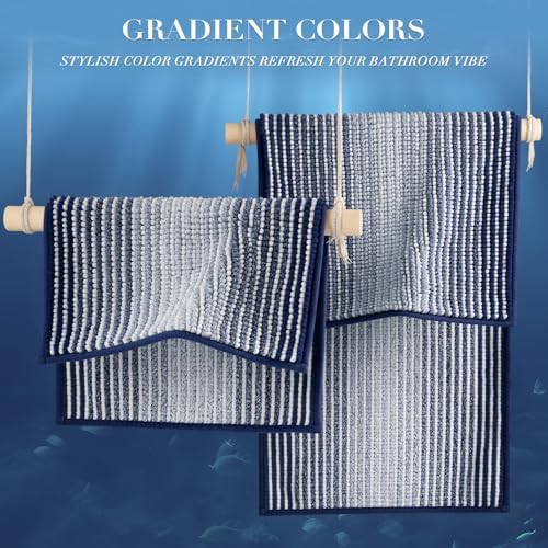 BSICPRO Bathroom Rugs Sets 2 Piece, Non Slip Striped Bath Mats, Navy
