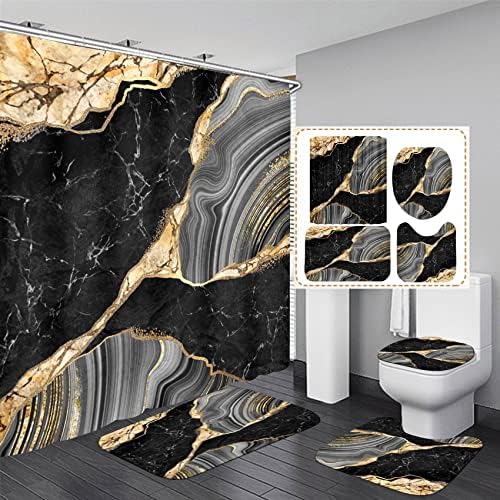 Nkzply 4Pcs Black Shower Curtain Bathroom Sets with Shower Curtain and Rugs