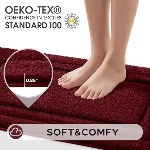 HOMEIDEAS Bathroom Rugs Sets 2 Piece, Extra Long Bath Mat Burgundy Red