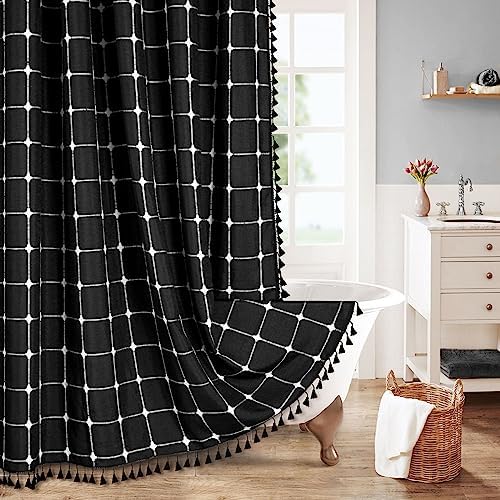 Boho Farmhouse Classic Plaid Linen Tassel Shower Curtain Black,72x72