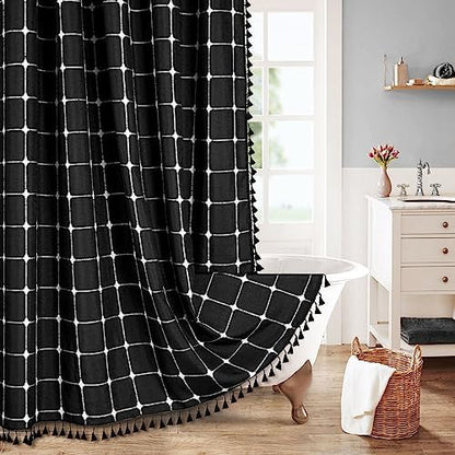 Boho Farmhouse Classic Plaid Linen Tassel Shower Curtain Black,72x72