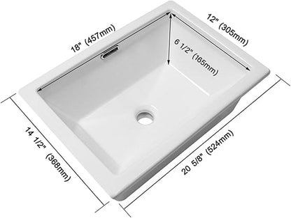 Enbol 20.6" x 14.5" Drop in Bathroom Sink Rectangule Vessel Sink Self-rimming Top Mount Bathroom Sink White Ceramic Lavatory Vanity with Overflow O2014-1