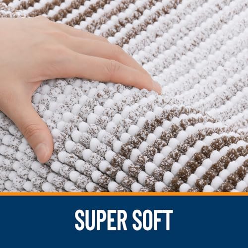 OLANLY Bathroom Runner Rugs 59x20, Soft Chenille Striped Bath Rugs, Brown