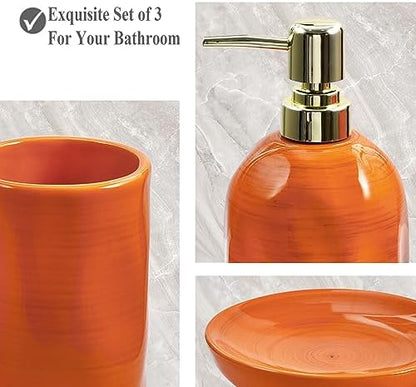 Burnt Orange Bathroom Accessories Set, 3PC Ceramic Bathroom Sets Complete, Toothbrush Holders, Soap Dispenser, Soap Dish, Vibrant Bathroom Decor, Bathroom Organizer for Countertop