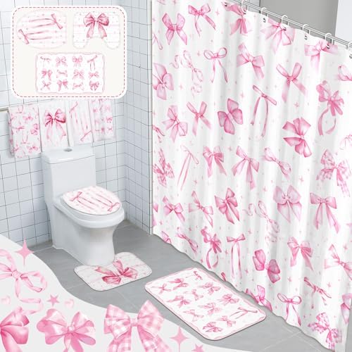 FuWeave 8 Pcs Pink Shower Curtain Sets for Bathroom Decor Cute Coquette Bathroom Accessories Bow Knot Aesthetic Girly Shower Curtain Sets with Towels Carpet Bath Mat Toilet Rugs and 12 Hooks