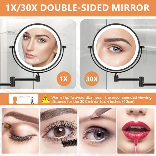 Auxmir 1X/30X Wall Mounted Makeup Mirror, 8" Rechargeable Magnifying Mirror