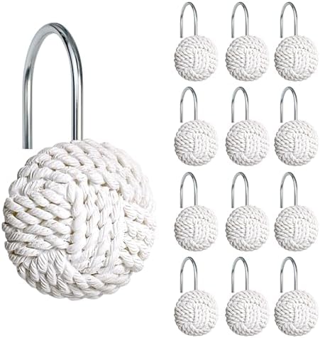 Sunlit Boho Knots Shower Curtain Hooks, Home Decorative White Shower Curtain Rings for Bathroom, Seaside Nautical Shower Curtain Hangers Bathroom Accessories, Set of 12