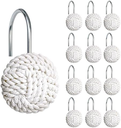 Sunlit Boho Knots Shower Curtain Hooks, Home Decorative White Shower Curtain Rings for Bathroom, Seaside Nautical Shower Curtain Hangers Bathroom Accessories, Set of 12