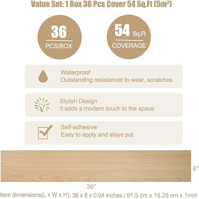 Hilarious Peel and Stick Vinyl Floor Tiles, Natural Maple Wood 36 Planks 54 Sq.Ft Waterproof Self Adhesive Vinyl Flooring Stick on Floor Tiles Luxury Vinyl Plank Flooring DIY for Bathroom, Kitchen, RV