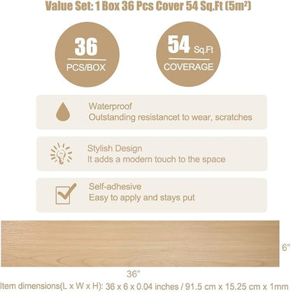 Hilarious Peel and Stick Vinyl Floor Tiles, Natural Maple Wood 36 Planks 54 Sq.Ft Waterproof Self Adhesive Vinyl Flooring Stick on Floor Tiles Luxury Vinyl Plank Flooring DIY for Bathroom, Kitchen, RV