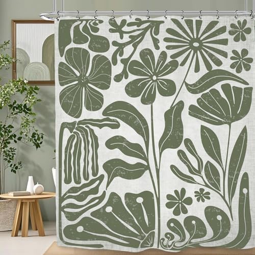 Sage Green Retro Matisse Flower Shower Curtain 60Wx72L Inch Vintage Aesthetic Minimalist Cute Art 70s Trendy Modern Bathroom Set Accessories Decor with 12 Pack Hooks