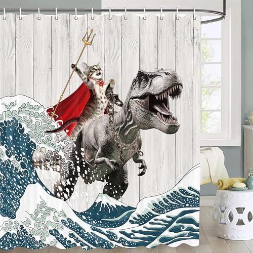 Funny Cat Riding Dinosaur Shower Curtain - Japanese Ocean Wave Design, Nautical Kids Children Rustic Wooden Farmhouse Style, 60X70inch, Brown