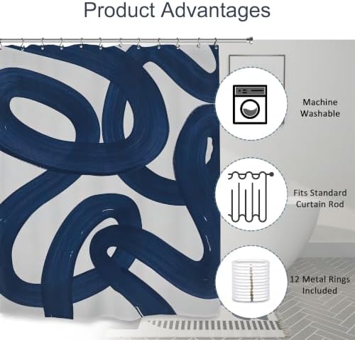 Abstract Navy Blue Shower Curtain 60Wx72L Inch Modern Minimalist Contemporary Geometric Line Neutral Simple Geometric Bathroom Set Accessories Decor with 12 Pack Hooks