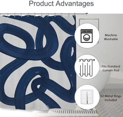Abstract Navy Blue Shower Curtain 60Wx72L Inch Modern Minimalist Contemporary Geometric Line Neutral Simple Geometric Bathroom Set Accessories Decor with 12 Pack Hooks