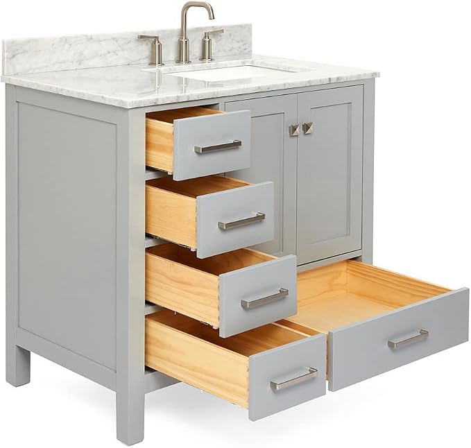 ARIEL Cambridge 36-inch Bathroom Vanity with Sink,Solid Wood, 0.75-inch Italian Carrara Marble Countertop, Single Rectangular Porcelain Sink, 2 Soft Closing Doors, 5 Dovetail Drawers, Grey