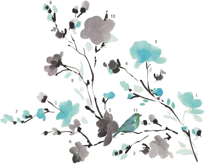 RoomMates Blossom Watercolor Bird Branch Peel and Stick Wall Decals, Multi Color, Vinyl, 33-in x 26.75-in, Made in USA