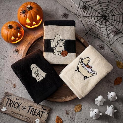 FuWeave 3 Pcs Black Beige Halloween Ghost Hand Towels for Bathroom