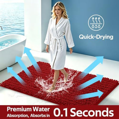 ACCUMTEK Upgrade Extra Large Red Bathroom Rug Set 3 Pieces Ultra Soft, Thick Absorbent Bath Mats, Non Slip Chenille Toilet Mat for Bathroom, Bedroom, Kitchen