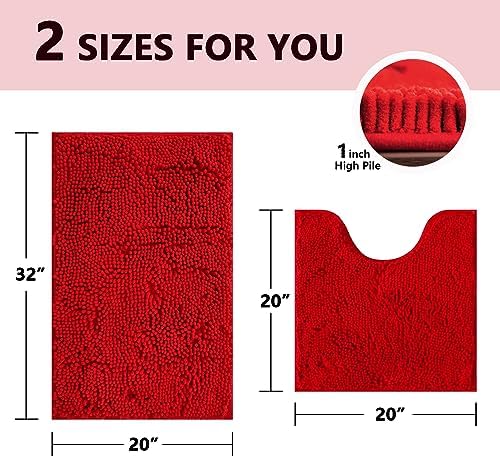 BOANKODU Red Bathroom Rugs Sets 2 Piece, Absorbent Bath Mat for Bathroom Very Soft Chenille Non-Slip, 32x20 Inch + 20x20 Inch U Shape Bathroom Mat, Machine Washable