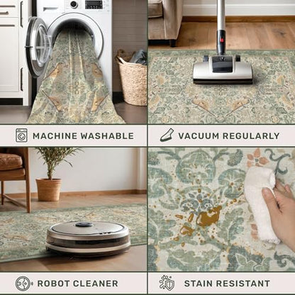 Large Entryway Rugs Indoor - 3x6 Sage Washable Soft Area Rugs for Kitchen, Bedroom Bedside, Living Room, Door Mat Indoor Entrance, Hallway, Beige Woodland Flowers, Non Slip Stain Resistant Low Pile